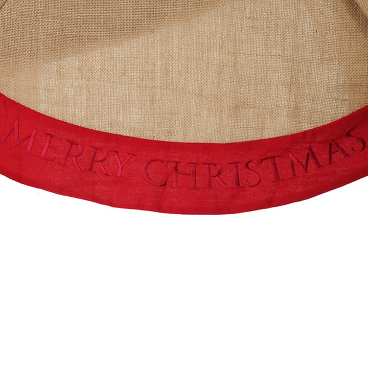 Burlap Merry Christmas Tree Skirt - Red Trim - Merry Christmas writing