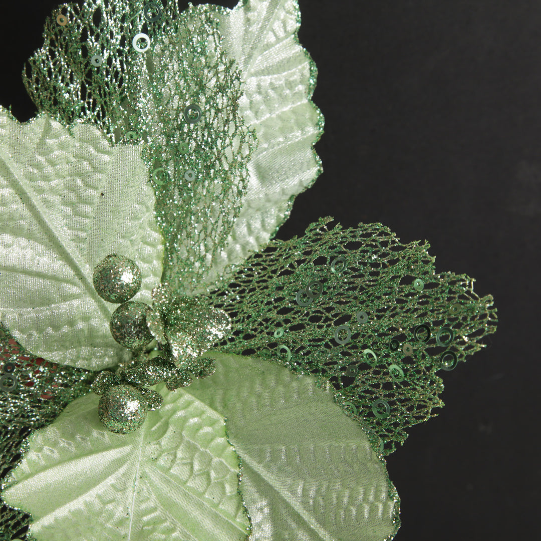 Mesh and Shiny Mint Poinsettia Flower Clip