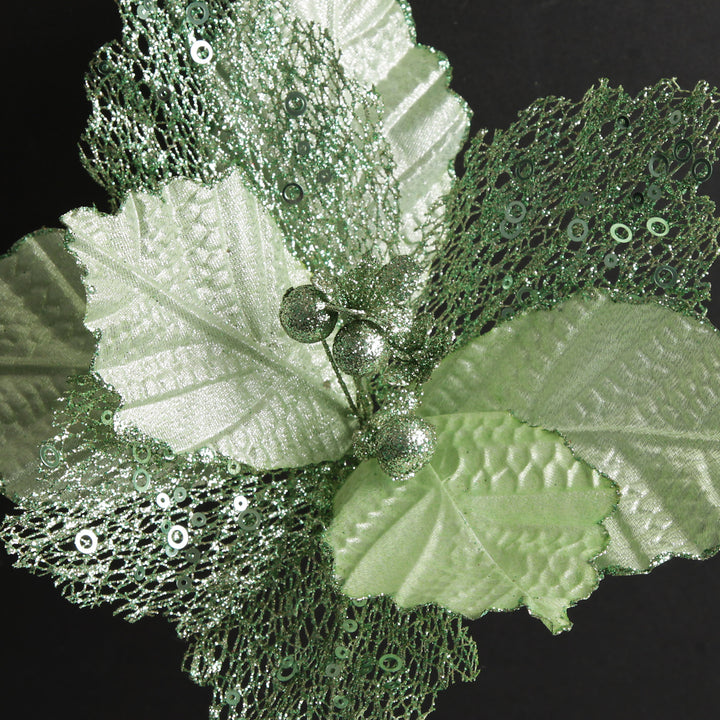 Mesh and Shiny Mint Poinsettia Flower Clip