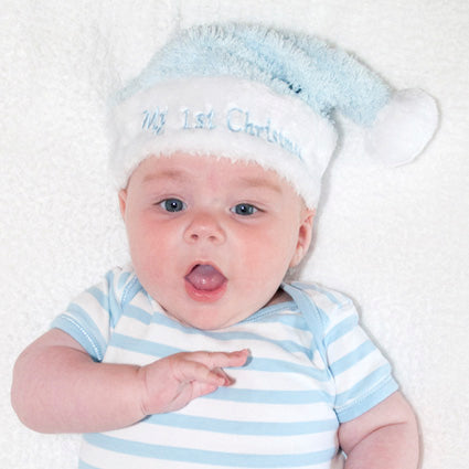 Blue My First Christmas Stocking &amp; Santa Hat Set baby wearing