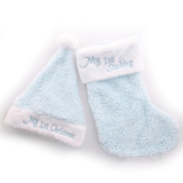 My First Christmas Blue Baby Stocking and Santa Hat
