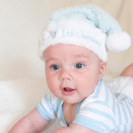 Blue My First Christmas Stocking &amp; Santa Hat Set Actual baby wearing it