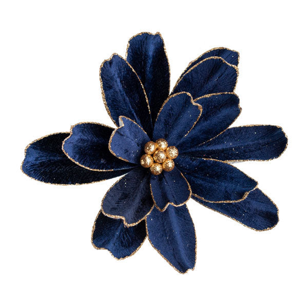 Midnight Blue Flocked Poinsettia Flower with Gold Glitter Detail