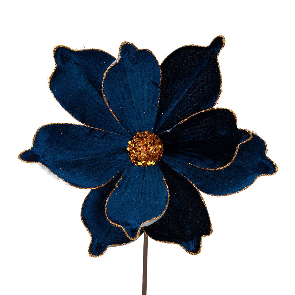 Midnight Blue Magnolia Flower with Gold Glitter Detail