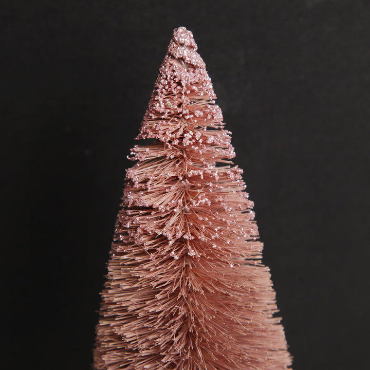 Mini Pink Bottle Brush Christmas Tree with Glitter Top - Set of 2