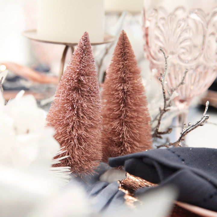 Pink Bottle Brush Christmas Tree with Glitter Top - Set of 2 - 14cm (H)