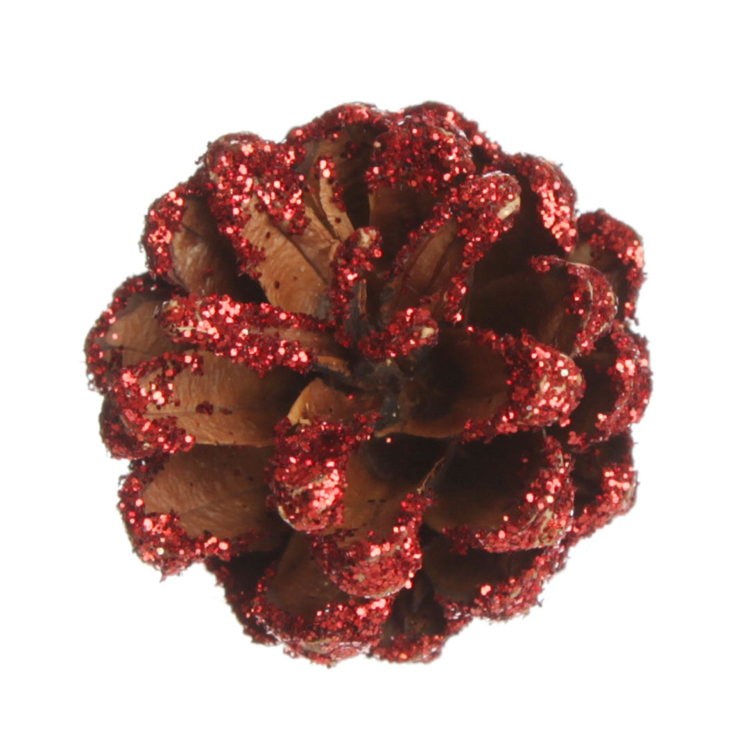Mini Red Glitter Tipped Natural Pincones Pack of 9 bottom detail
