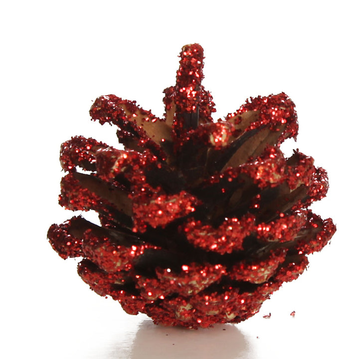 Mini Red Glitter Tipped Natural Pincones Pack of 9 Zoom in Detail