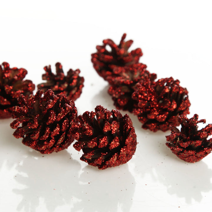 Mini Red Glitter Tipped Natural Pincones Pack of 9 Group Detail