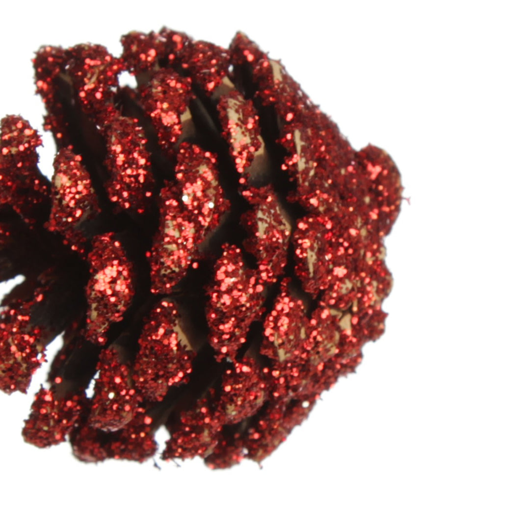 Mini Red Glitter Tipped Natural Pincones Pack of 9 Side Detail