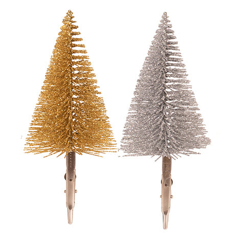 Mini Champagne &amp; Silver Sisal Christmas Tree Clips - Pack of 2