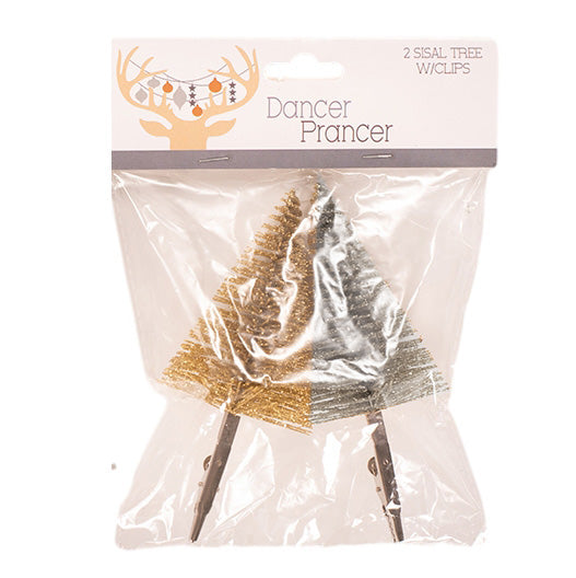 Mini Champagne &amp; Silver Sisal Christmas Tree Clips - Pack of 2