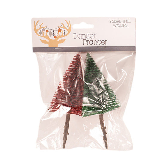 Mini Green &amp; Red Sisal Christmas Tree Clips - Pack of 2