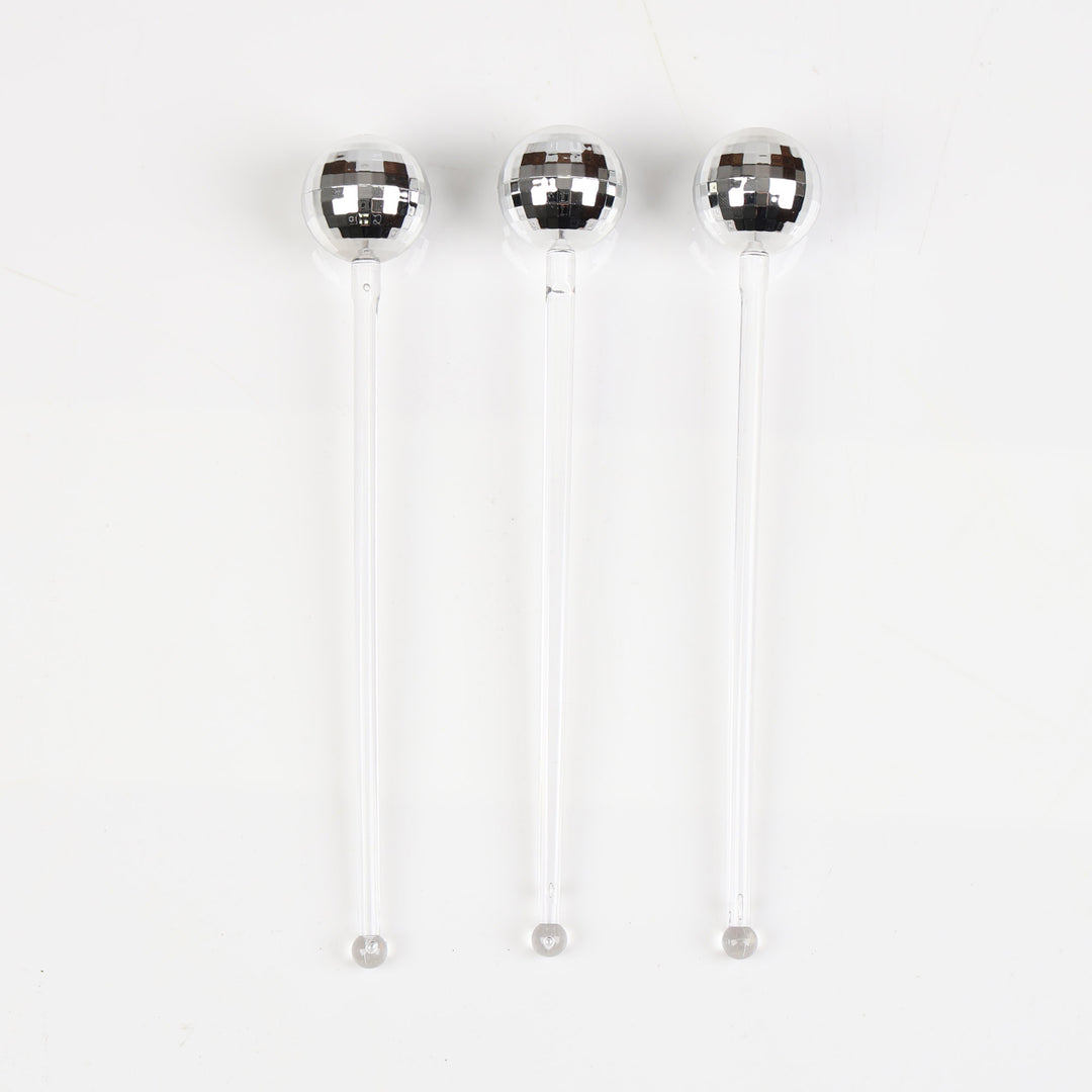 Silver Mirror Ball Swizzel Sticks - Pack of 3
