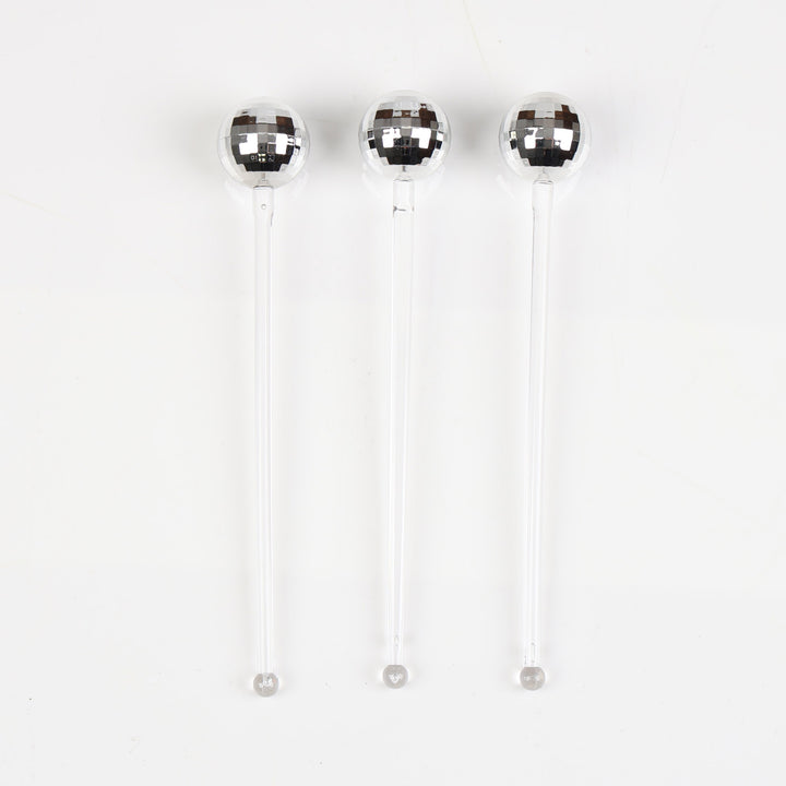 Silver Mirror Ball Swizzel Sticks - Pack of 3