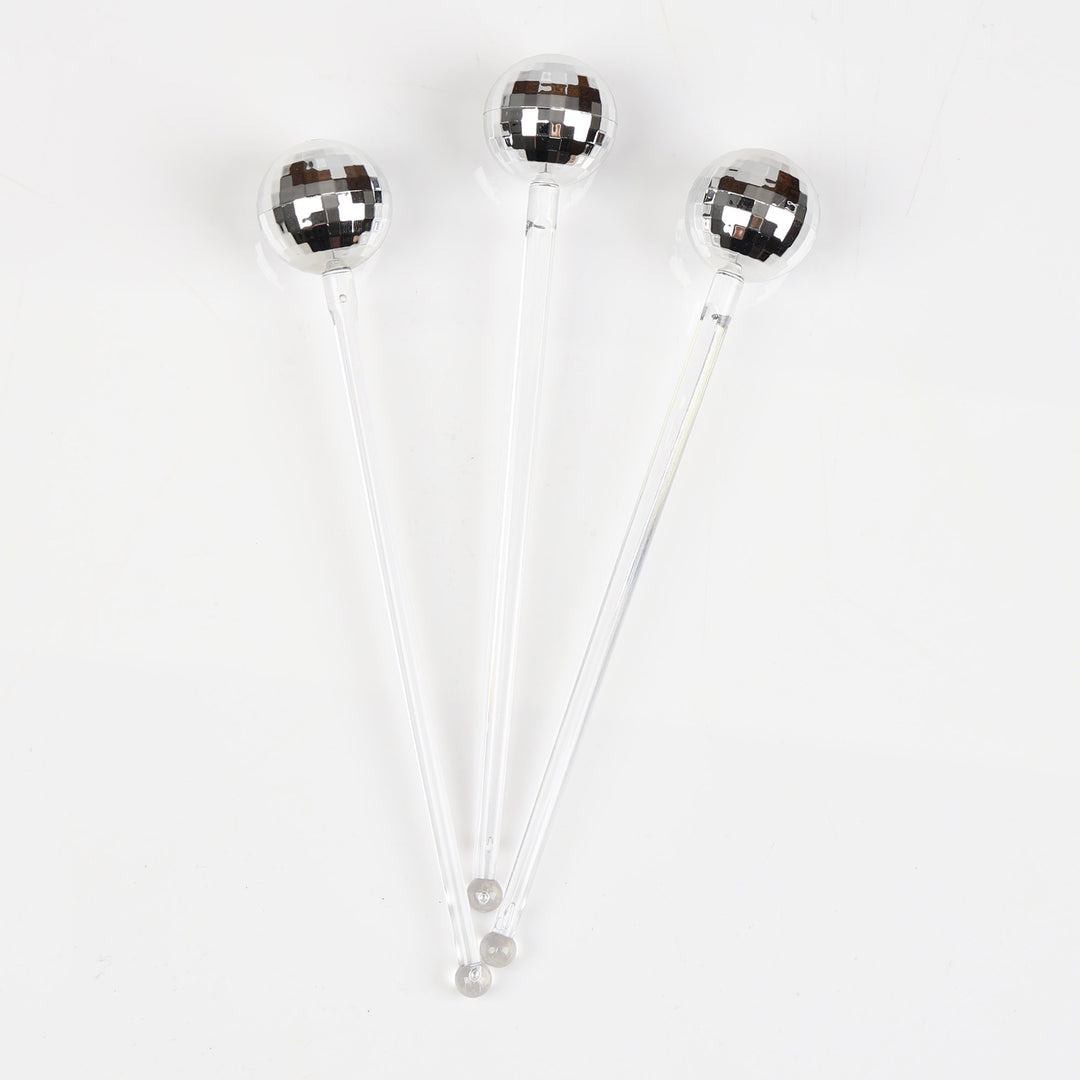 Silver Mirror Ball Swizzel Sticks - Pack of 3