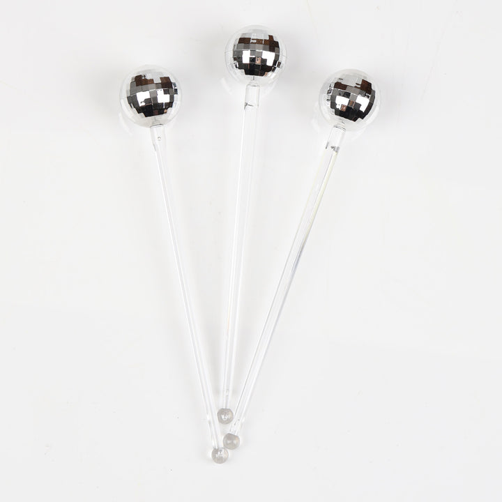 Silver Mirror Ball Swizzel Sticks - Pack of 3