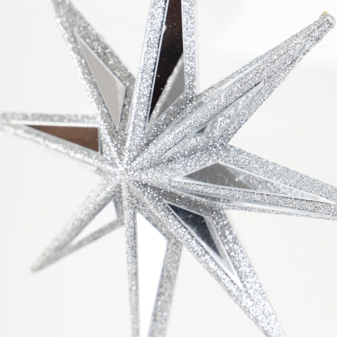 Mirror Celestial Star Tree Topper with Silver Glitter Detail