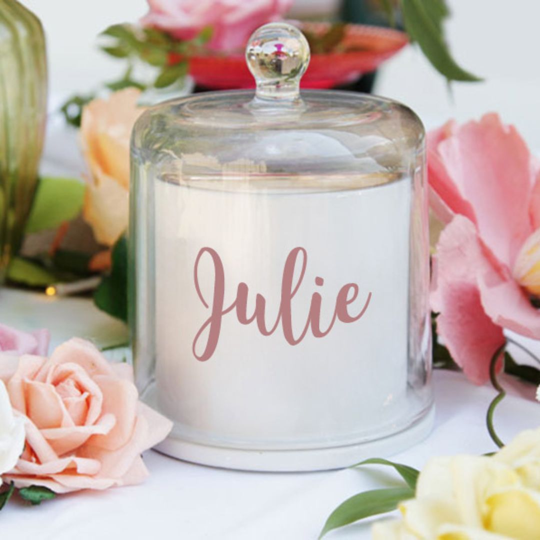 Personalised White Soy Candle with Glass Cloche