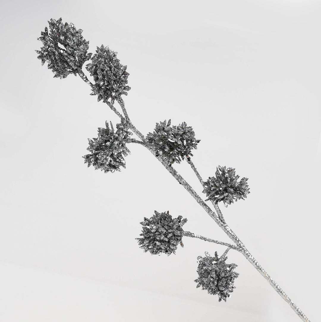 Multi-Pinecone Stem Silver Glitter 68cm