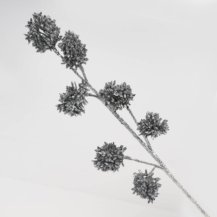 Multi-Pinecone Stem Silver Glitter 68cm