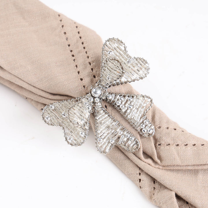 Napkin Rings - Silver Beaded Bows - Set of 4