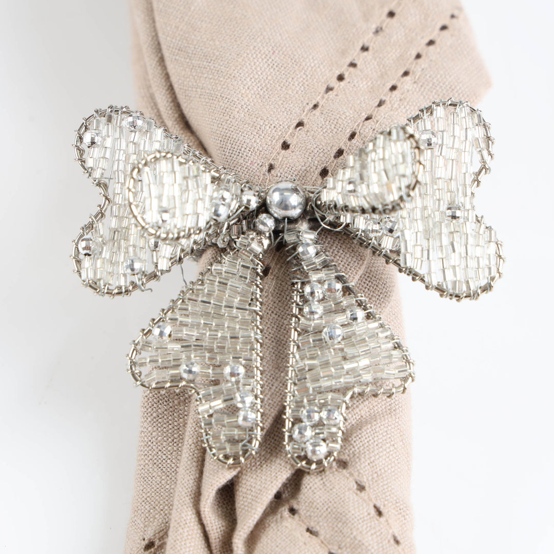 Napkin Rings - Silver Beaded Bows - Set of 4