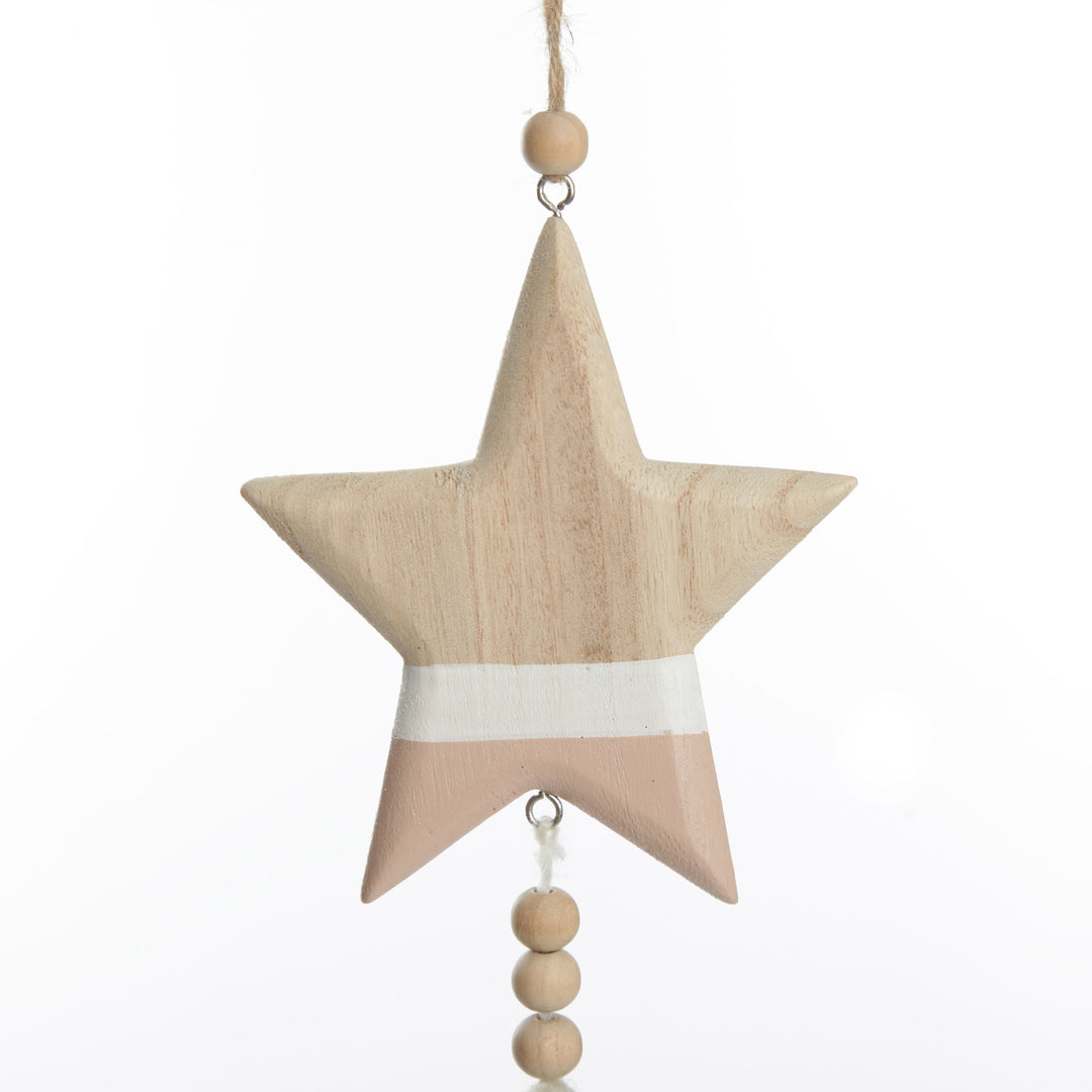 Natural and White Wooden Stars with Tassels Tree Decorations - Set of 2
