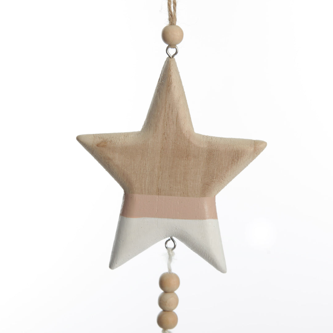 Natural and White Wooden Stars with Tassels Tree Decorations - Set of 2