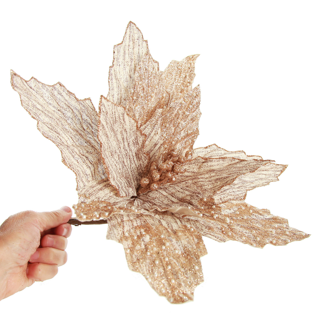 Natural Poinsettia Flower Clip with Glitter Tips