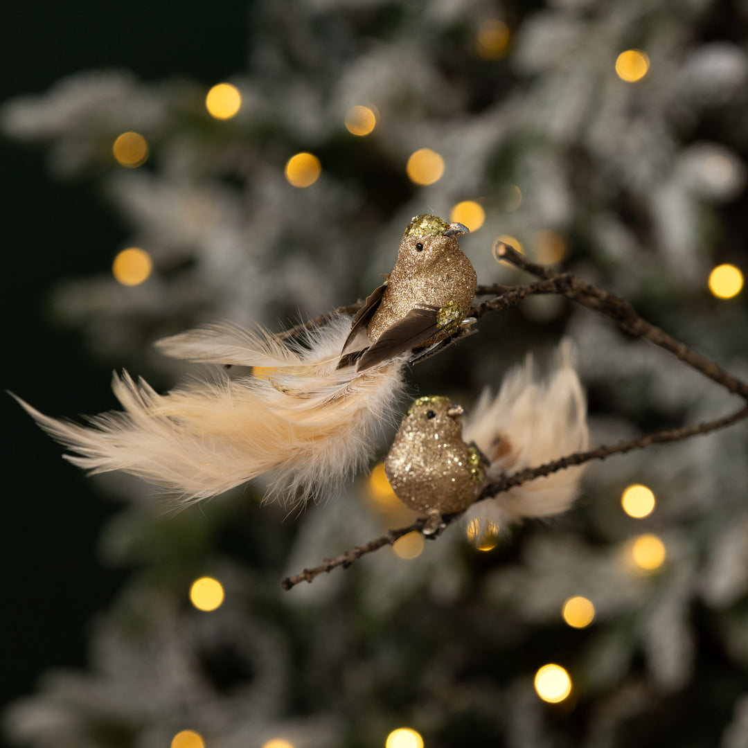 Gold Glitter &amp; Feathered Tail Bird Clip - Set of 2