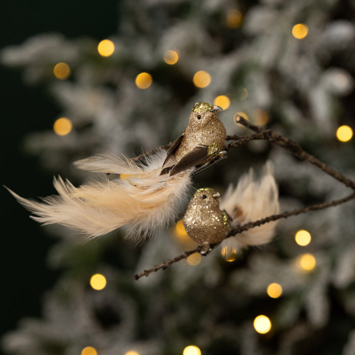 Gold Glitter &amp; Feathered Tail Bird Clip - Set of 2
