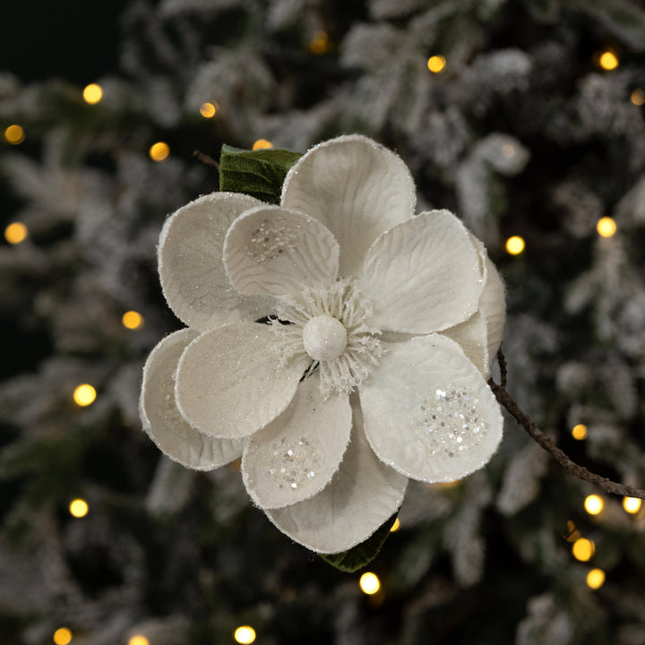 Ivory Glitter Magnolia Flower Clip with Green Leaves