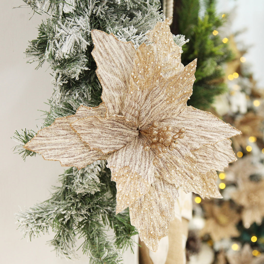 Natural Poinsettia Flower Clip with Glitter Tips
