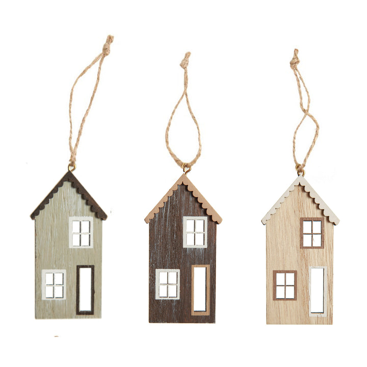 Natural Wood Christmas Village Tree Decorations - Set of 3