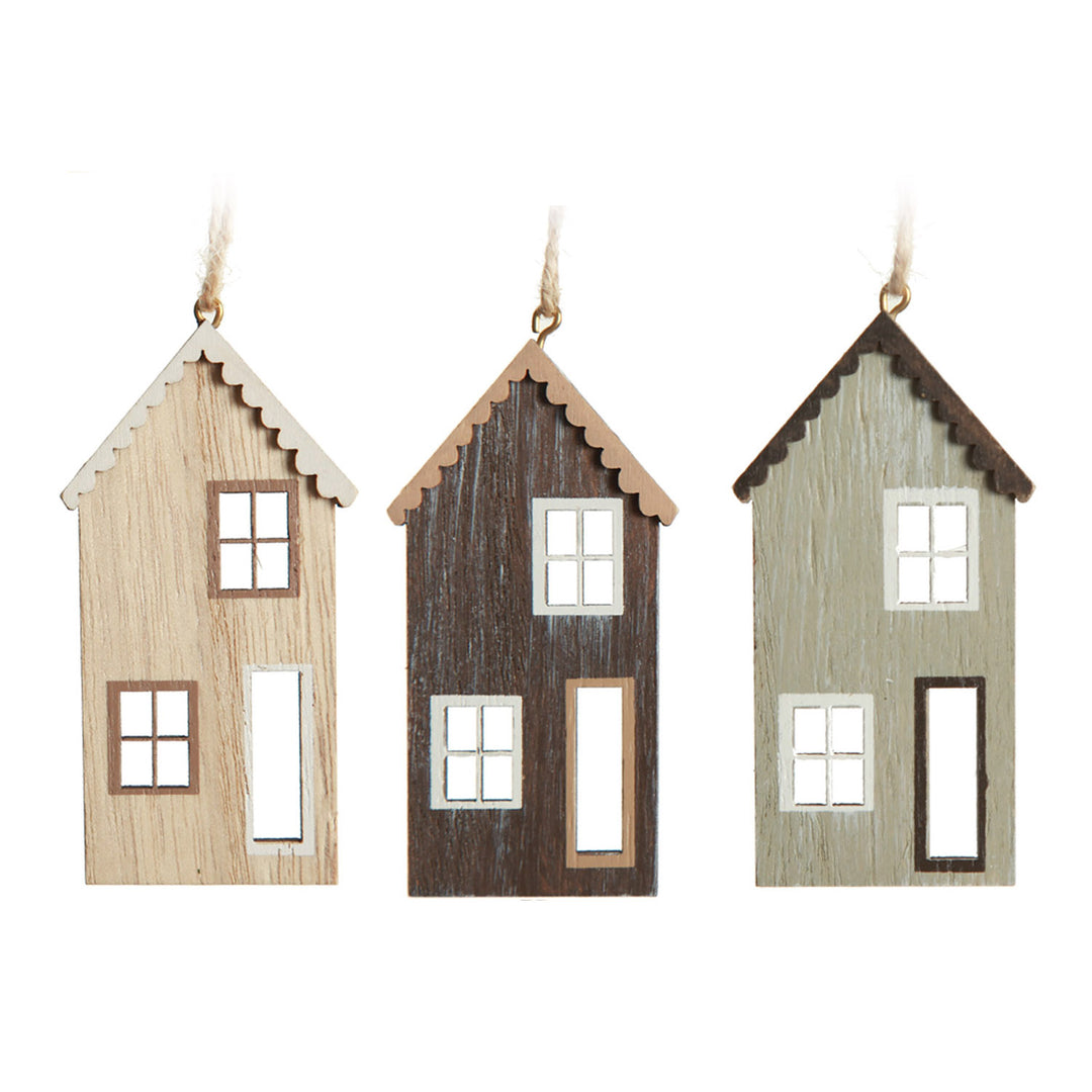 Natural Wood Christmas Village Tree Decorations - Set of 3