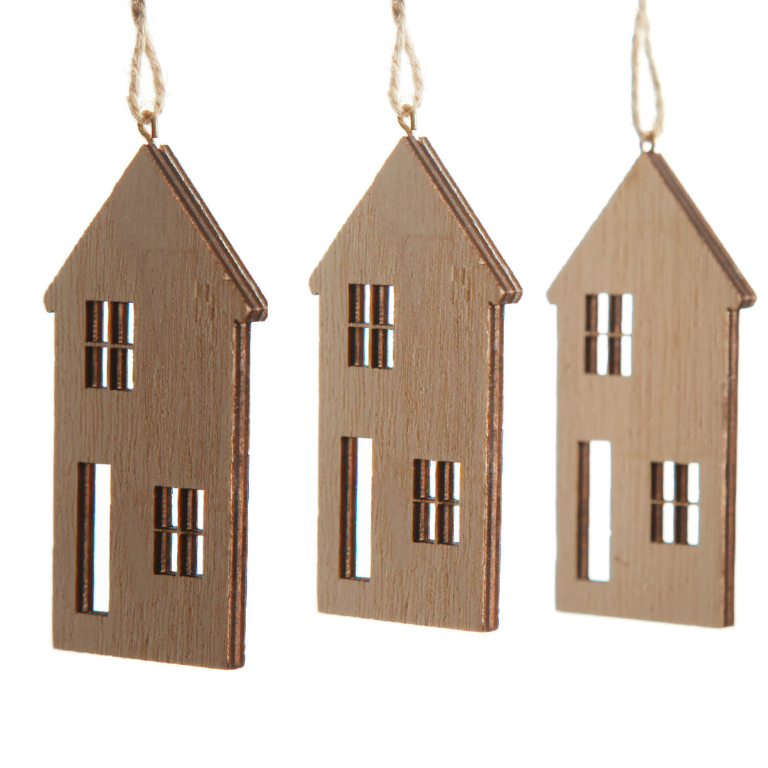 Natural Wood Christmas Village Tree Decorations - Set of 3