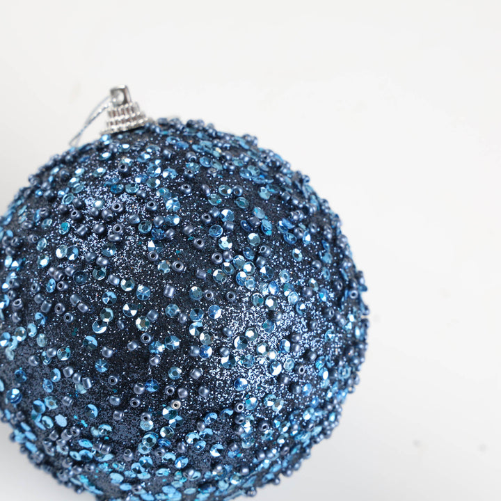 Navy Blue Glitter Beaded Bauble - 10cm