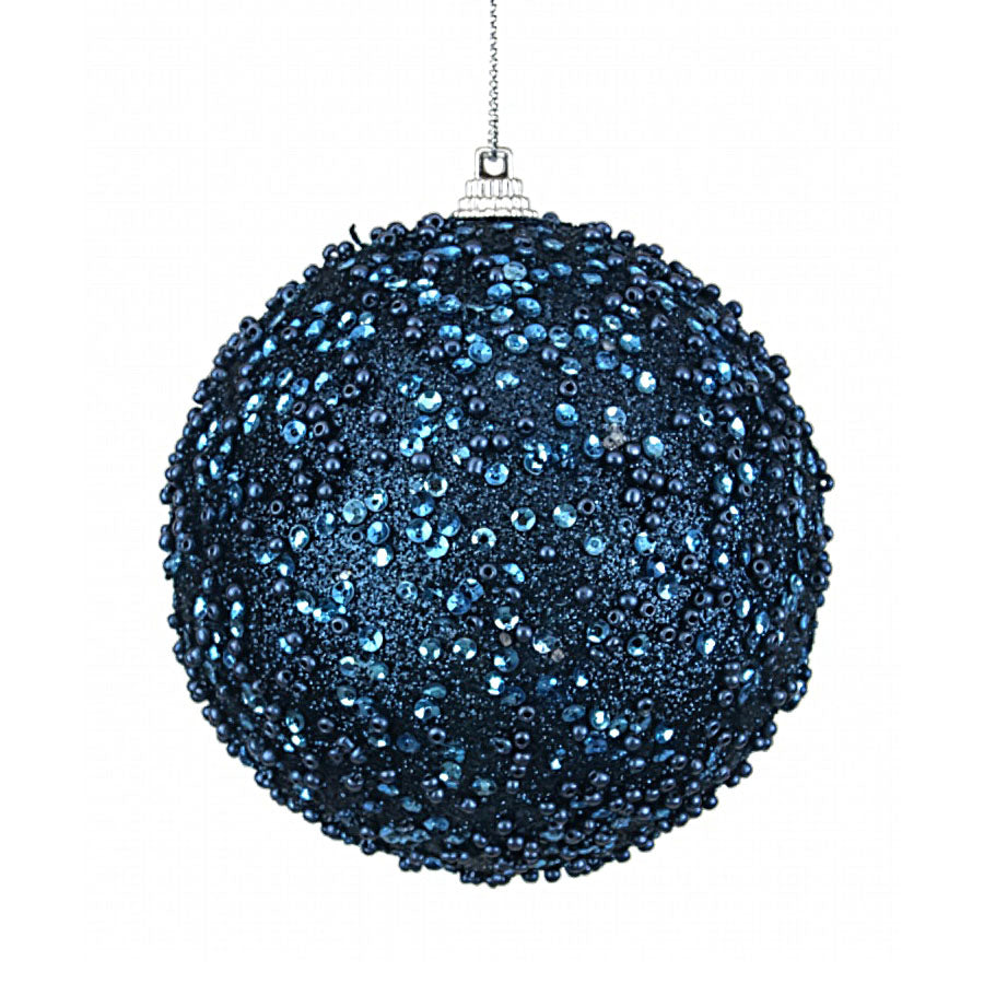 Navy Blue Glitter Beaded Bauble - 10cm