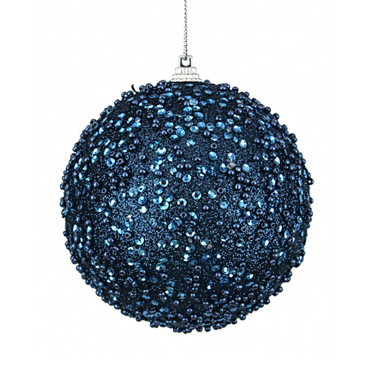 Navy Blue Glitter Beaded Bauble - 10cm