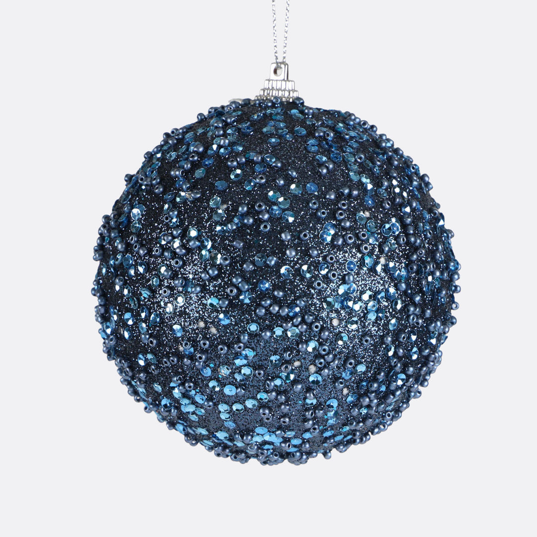 Navy Blue Glitter Beaded Bauble - 10cm