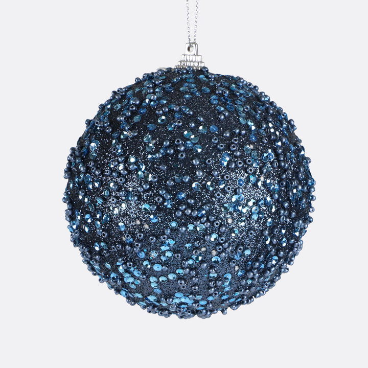 Navy Blue Glitter Beaded Bauble - 10cm
