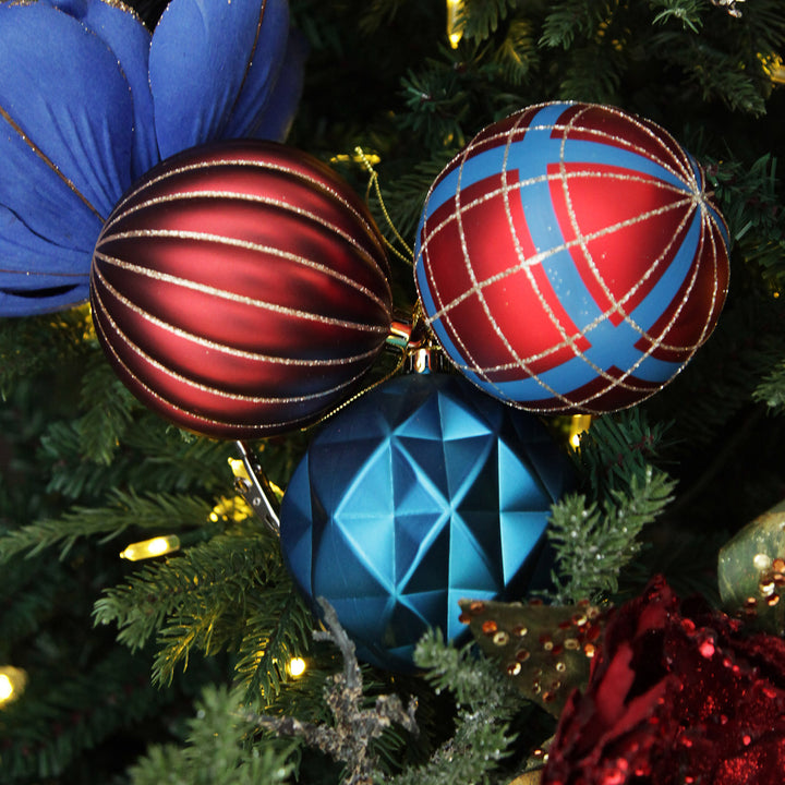 Assorted Decorative Red and Blue Shatterproof Christmas Baubles - Set of 4