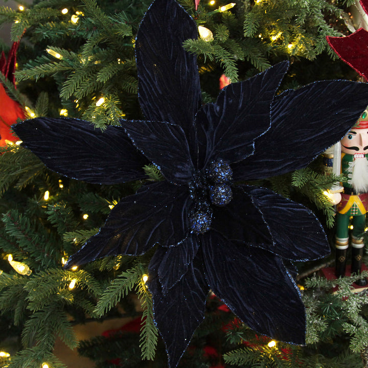 Large Blue Poinsettia Flower Stem with Glitter Trim
