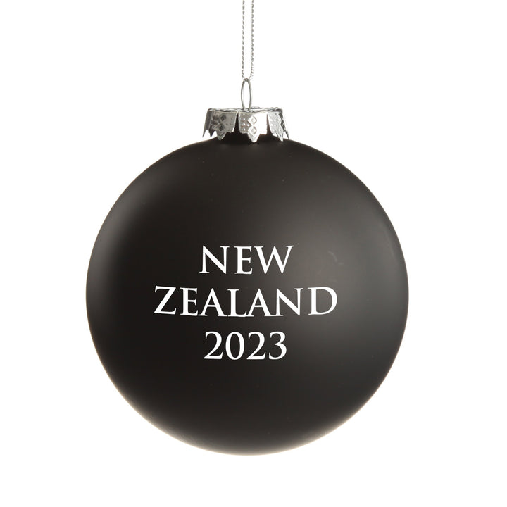 NZ Silver Fern Black Glass Personalised Christmas Bauble