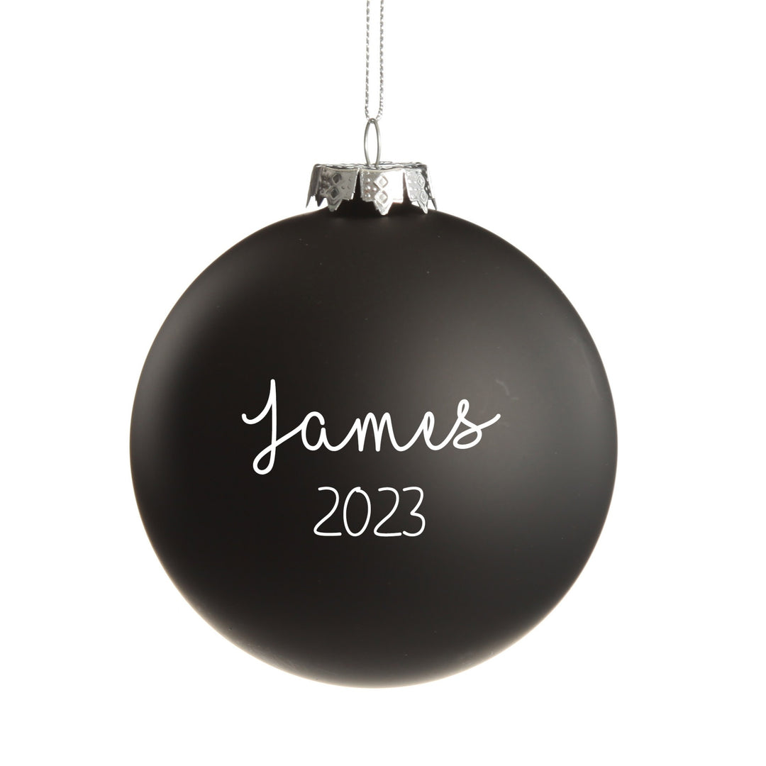 NZ Silver Fern Black Glass Personalised Christmas Bauble