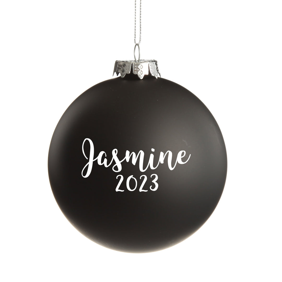 NZ Silver Fern Black Glass Personalised Christmas Bauble