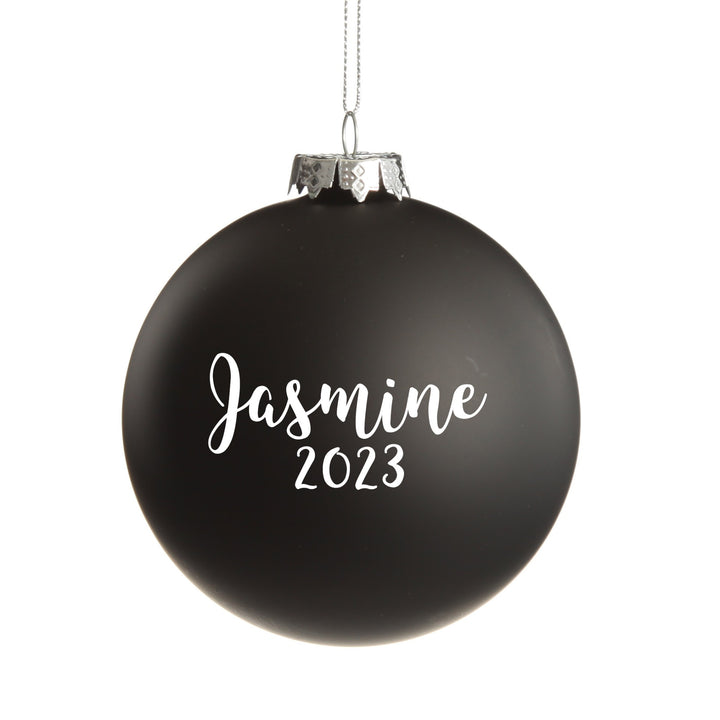 NZ Silver Fern Black Glass Personalised Christmas Bauble