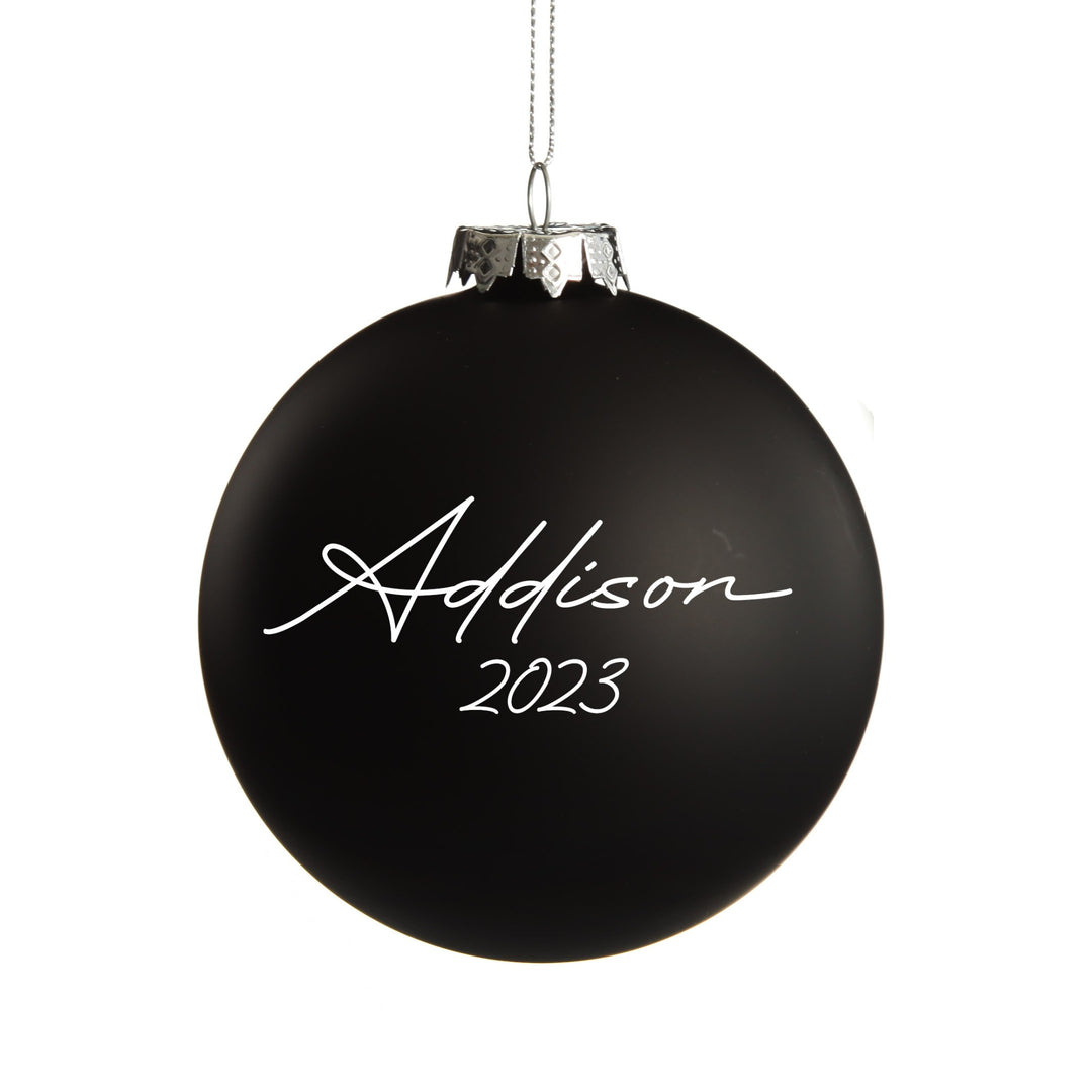 NZ Silver Fern Black Glass Personalised Christmas Bauble