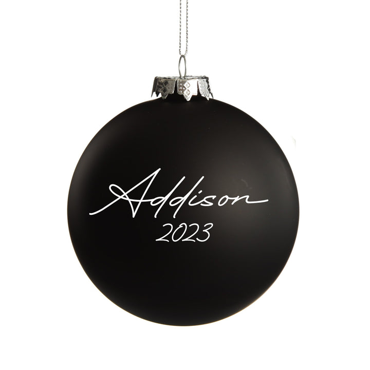NZ Silver Fern Black Glass Personalised Christmas Bauble